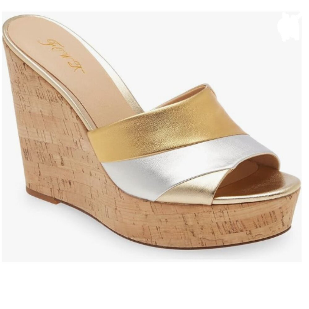 FOWT Gold Platform Two Tone Stripes Patchwork Shallow Wedge Sandals for Woman